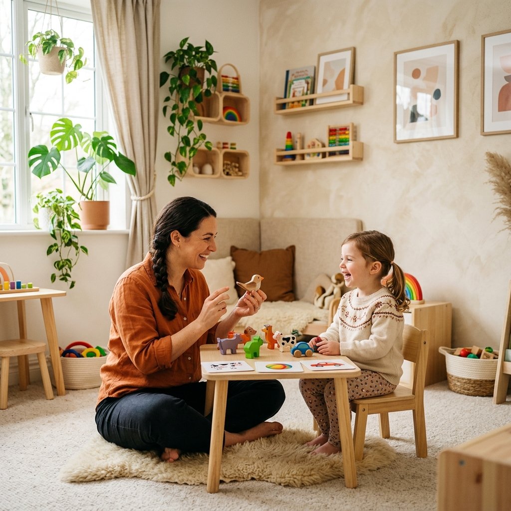 Therapist encouraging a happy child during a developmental session at Lexi Bridge Therapy Center